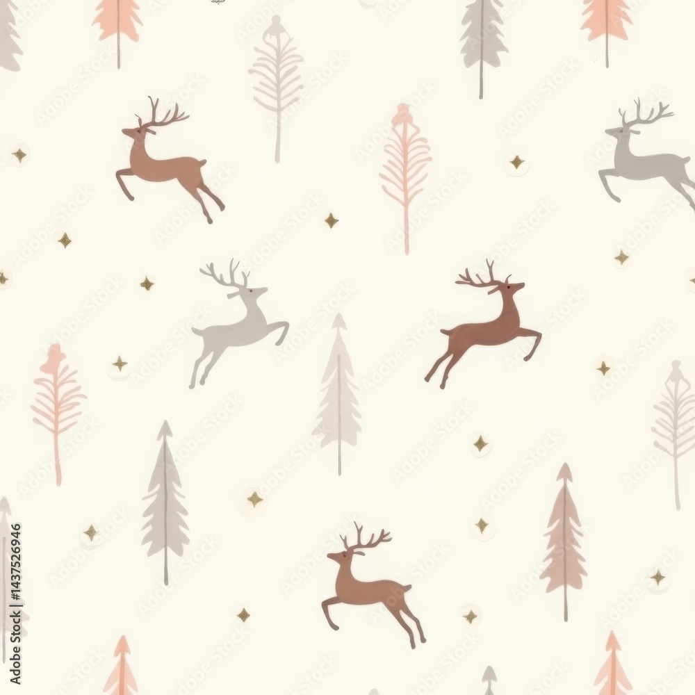 Festive deer and trees pattern with minimalist design on cream background Festive deer and trees pattern with minimalist design on cream background