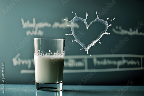 Creative image of milk splashing from a glass forming a heart shape, with a chalkboard background, symbolizing health, love, and freshness photo