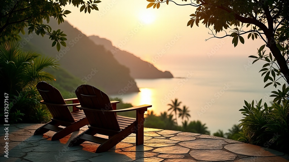 Fototapeta premium Tropical Twilight Relaxation Chairs Silhouetted Against Sunset