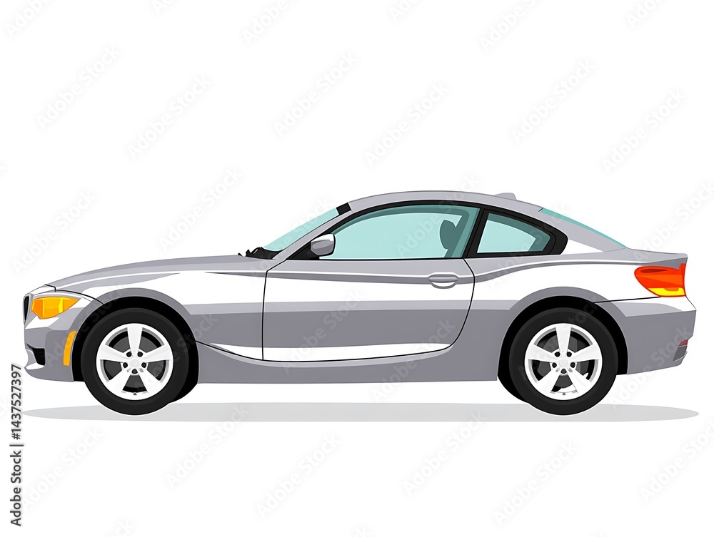 A sleek, silver coupe with black wheels and a tinted window, isolated on a white background A sleek, silver coupe with black wheels and a tinted window, isolated on a white background