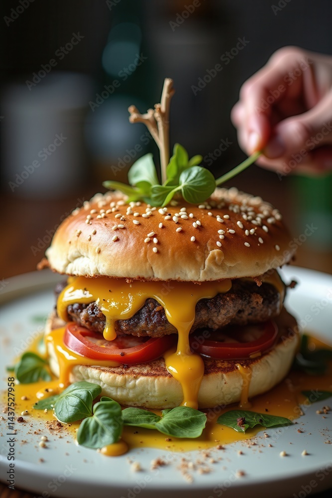 Juicy cheeseburger with vegetables sauce on white plate