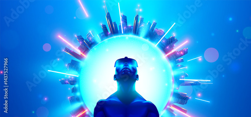 VR man wearing VR glasses looks up at the virtual simulation of a metaverse or city in cyberspace surrounding him. A Virtual reality player wearing a VR headset in an online virtual reality simulation