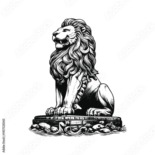 Merlion Statue Illustration Black Ink Vector Sketch Drawing, Isolated White Background