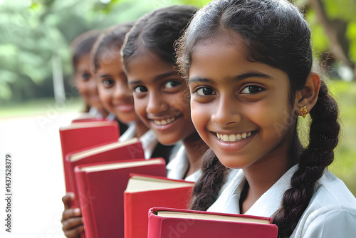 A joyful group of school kids sitting in the park with books, celebrating learning and education in a natural, outdoor setting photo