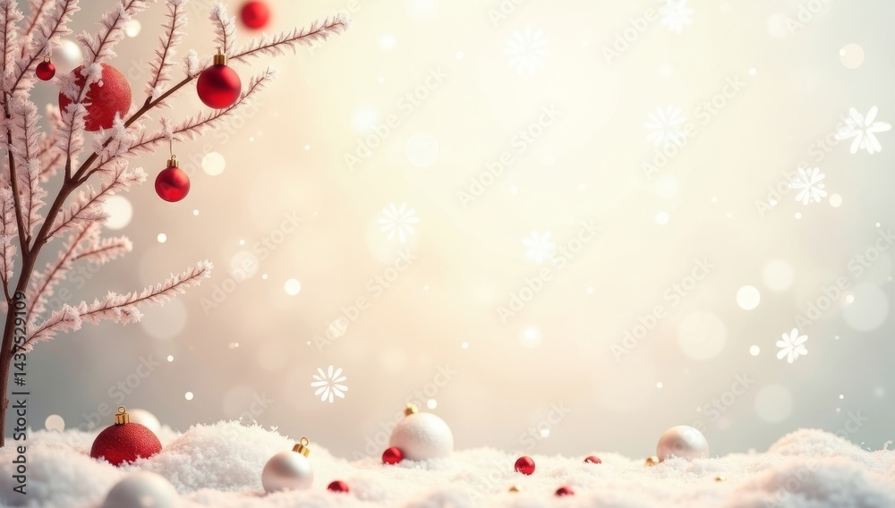 Fototapeta premium Festive christmas tree with red baubles in snowy winter wonderland scene