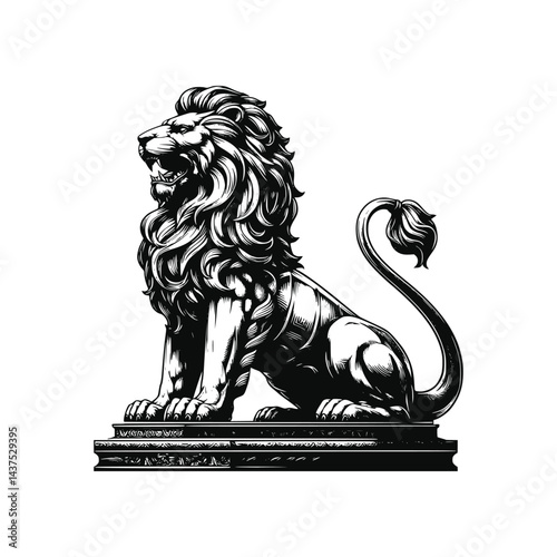 Vintage Merlion Statue Illustration Black And White Vector Drawing, Isolated White Background