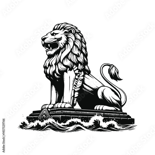 Merlion Statue Illustration Black And White Vector Drawing, Isolated White Background