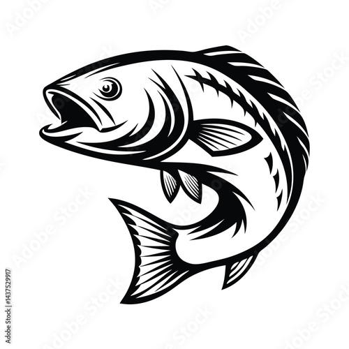 Monochrome Fish Illustration, Leaping Bass, Minimalist Silhouette on White Background