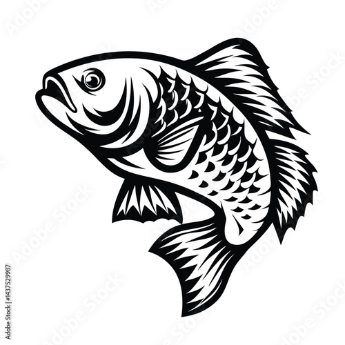 Monochrome Carp Illustration, Leaping Fish Design, Aquatic Black and White Outline
