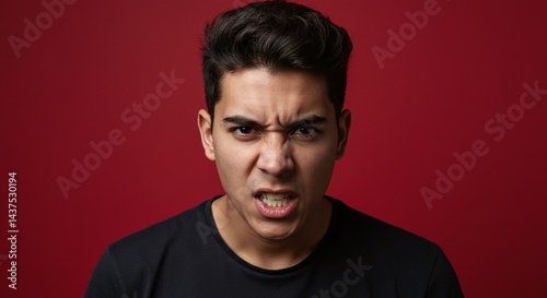 Angry Latino young man portrait isolated on bold red background showing frustration and attitude. Generative AI