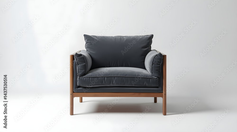 Fototapeta premium Stylish modern armchair with plush gray upholstery and wooden frame, perfect for contemporary living spaces.