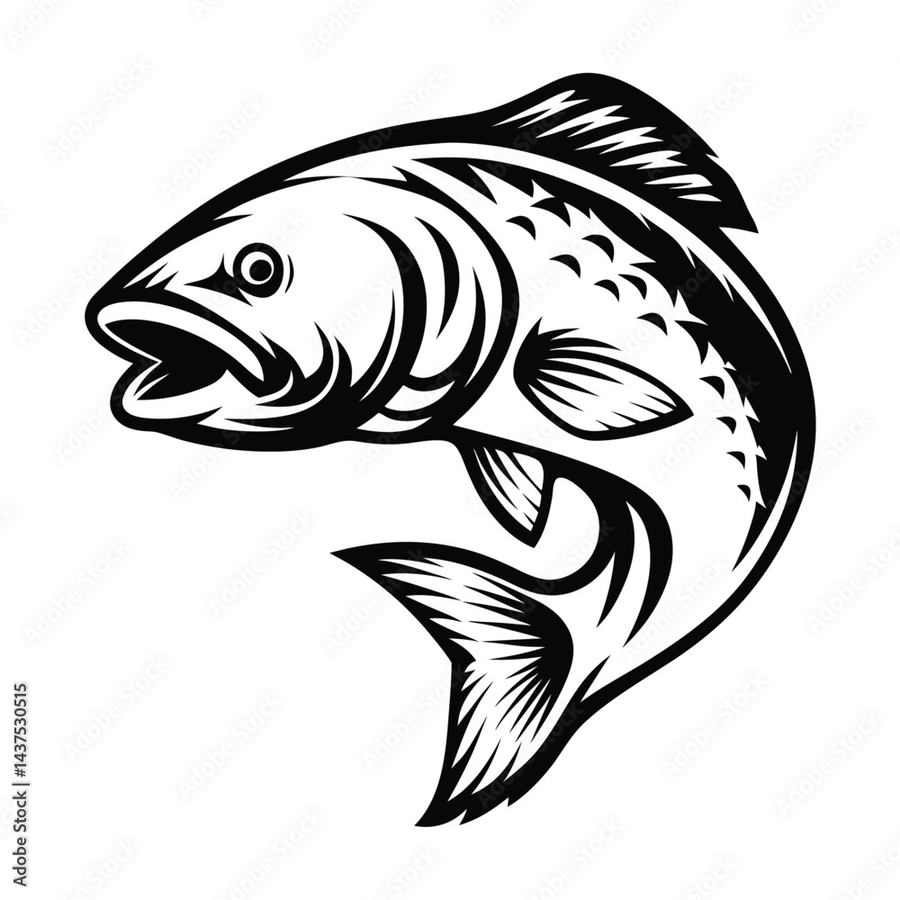 Fototapeta premium Black and White Jumping Fish Illustration, Abstract Silhouette of Leaping Aquatic Animal