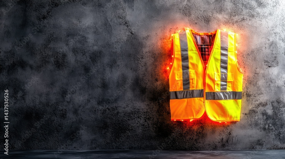 Fototapeta premium Construction vest with glowing reflective lines against dark industrial backdrop