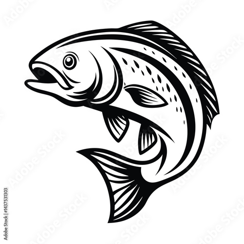 Leaping Salmon Silhouette Elegant Fish Design, Black and White Illustration, Detailed Fins