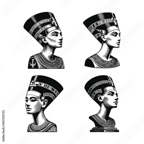 Bust Of Nefertiti Statue Illustration Black And White Vector Set Drawing, Isolated Background