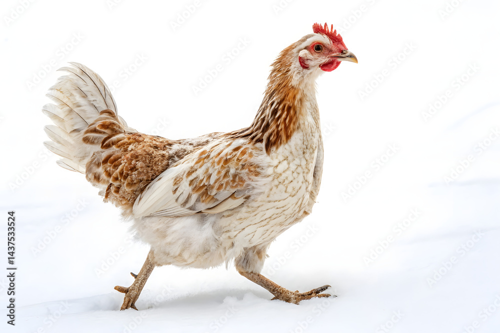 Fototapeta premium Brown and White Chicken Walking on Snow in Winter Landscape