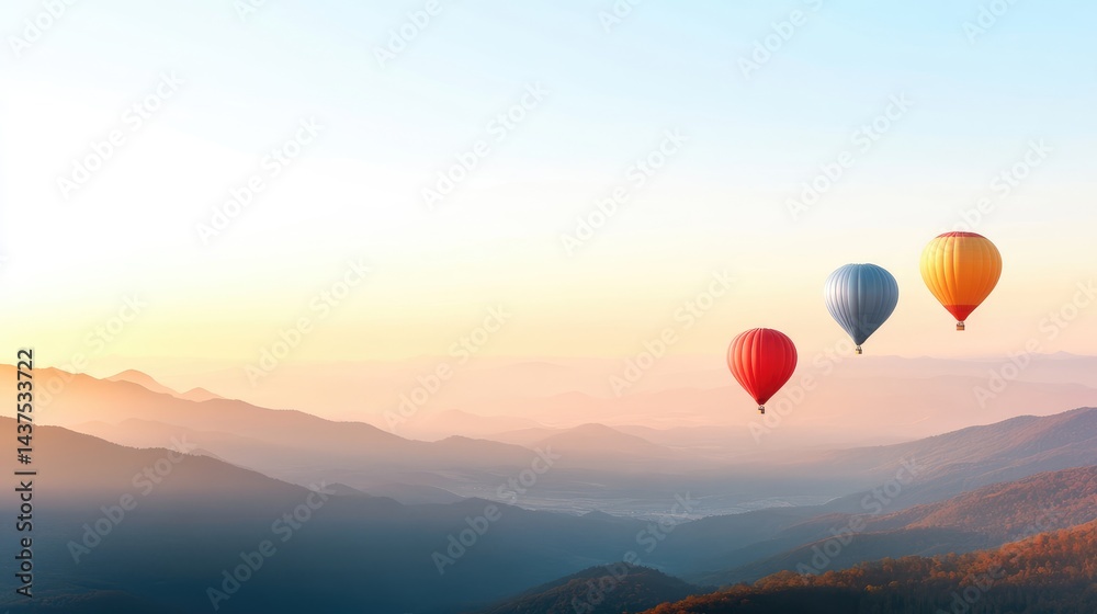 Fototapeta premium Colorful hot air balloons float above a misty mountain range at sunrise