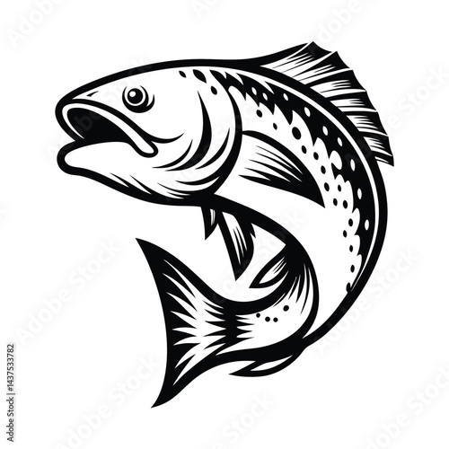 Black and White Fish Jumping Silhouette, Decorative Curved Outline, Aquatic Wildlife Icon