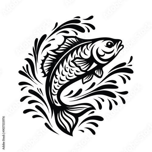 Stylized Black Fish Silhouette Jumping with Water Splashes in Minimalist Design