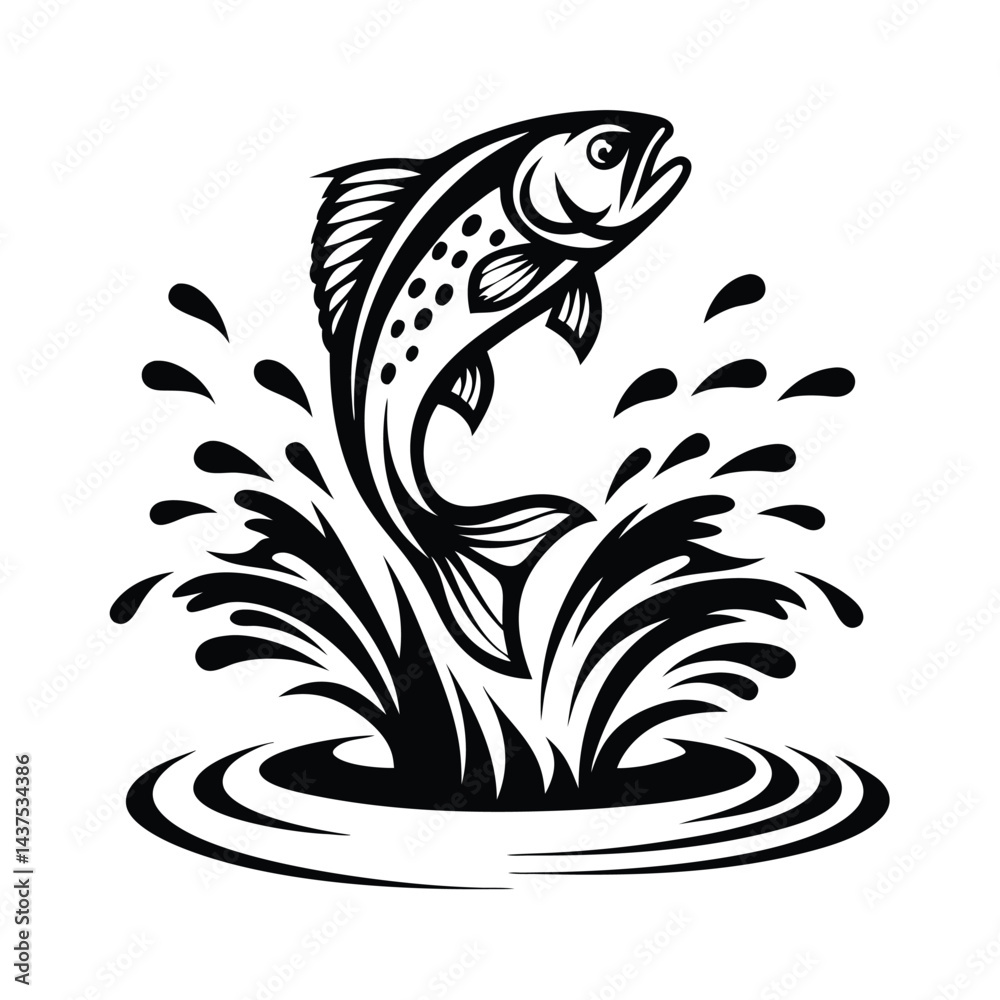 Fototapeta premium Leaping Fish with Splash, Black and White Elegant Silhouette, Isolated on White Background
