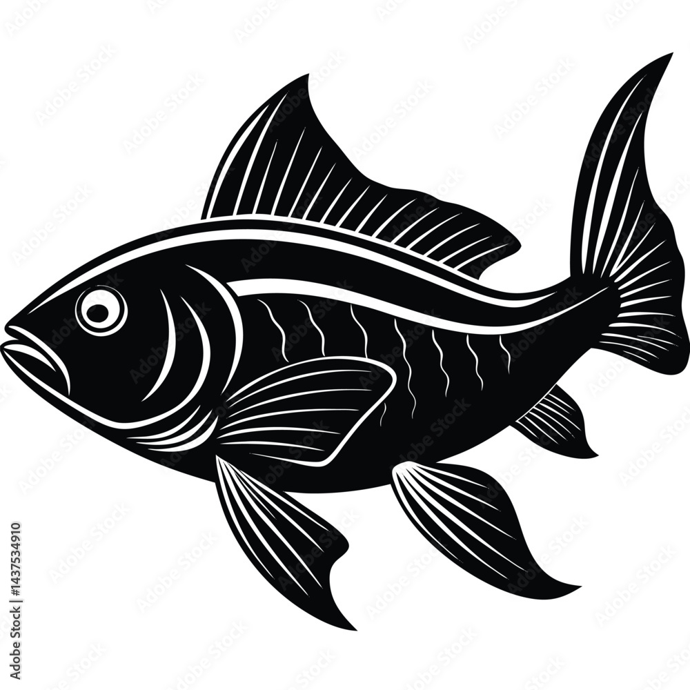 Fototapeta premium Isolated Black Silhouette of Fancy Goldfish with Decorative Fins on White Background
