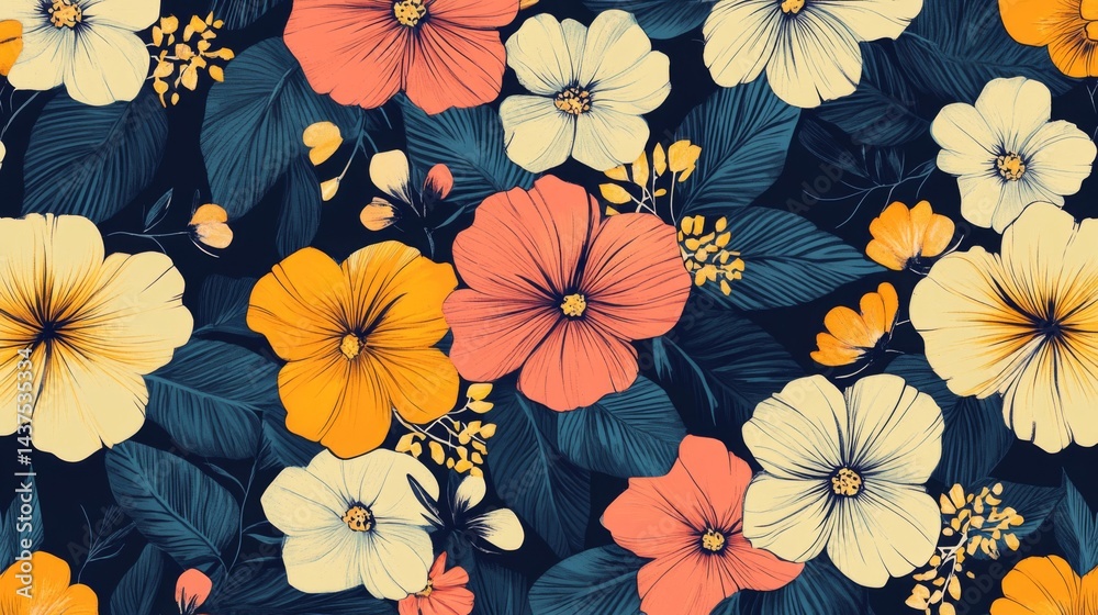 custom made wallpaper toronto digitalVibrant Hibiscus Floral Pattern with Dark Background