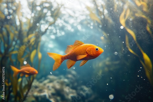 A vibrant orange Garibaldi fish gracefully swims amidst kelp forest, showcasing the beauty of underwater life.