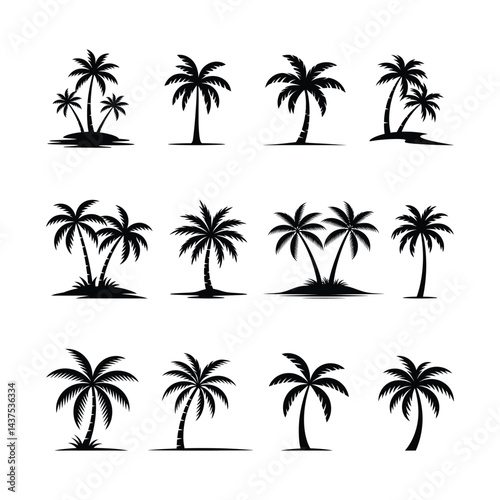 Collection of black palm tree silhouettes isolated on a white background for tropical landscape and summer beach design