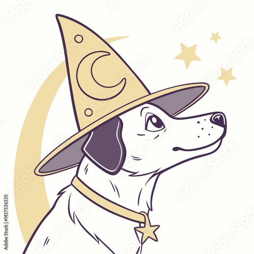 Cute Dog Wearing a Wizard Hat – Magical and Whimsical Cartoon Vector Illustration