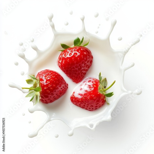 Fresh strawberries splashing in creamy milk create an appetizing and refreshing dessert experience