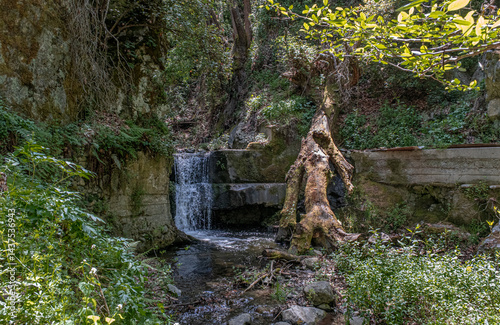 On the Trail in Marathasa Valley, beneath Kalopanayiotis Village in the Troodos Mountains, with the stream, the small waterfall, and Oikos Village views along the hike, Nicosia District, Cyprus.