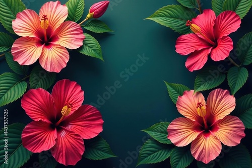 Vibrant tropical hibiscus blooms, lush foliage, continuous design, orange, seamless, summer
