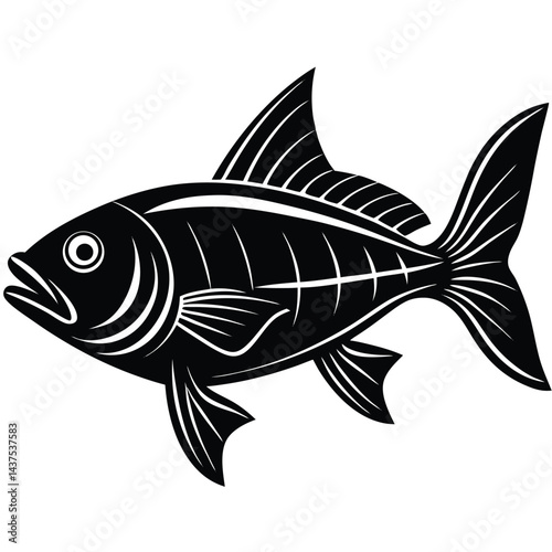 Silhouette of Fish with Fin Details on White Background Style