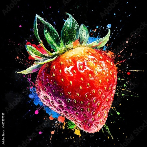 Vivid strawberry illustration with splashes of color on a dark background