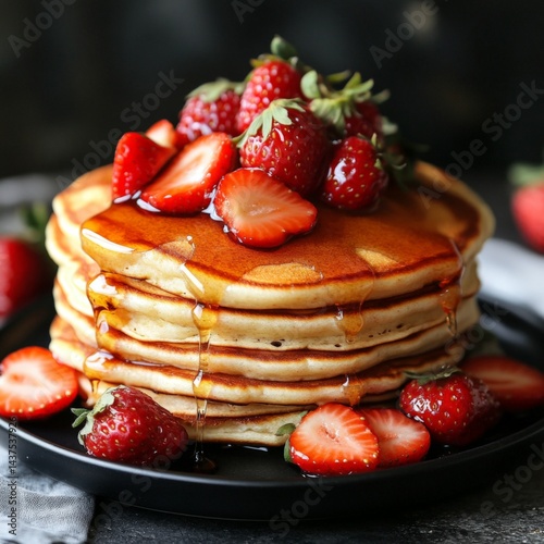 Delicious stacks of fluffy pancakes topped with fresh strawberries and syrup on a dark background