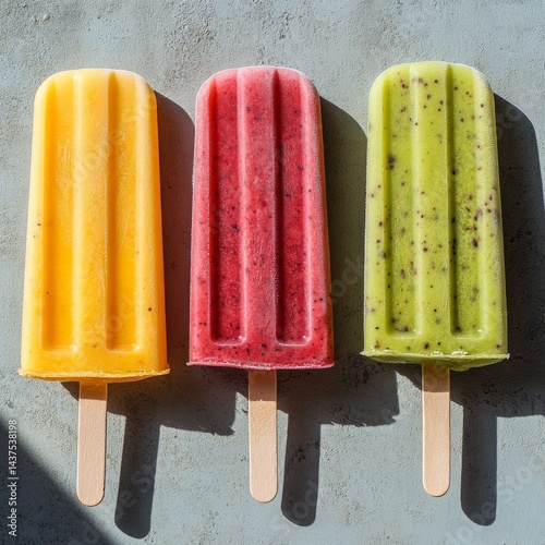 Colorful homemade popsicles in three refreshing flavors on a cool surface during a sunny day