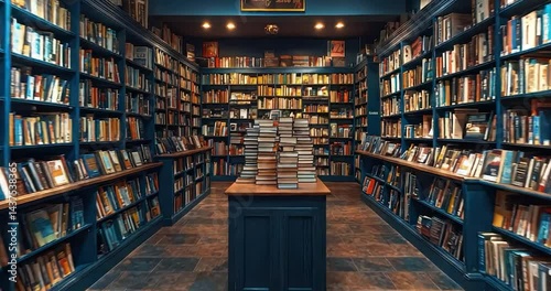 Dark teal book filled library interior
