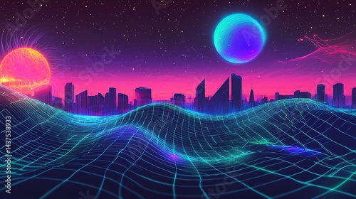 Futuristic cityscape with vibrant colors and digital grid
