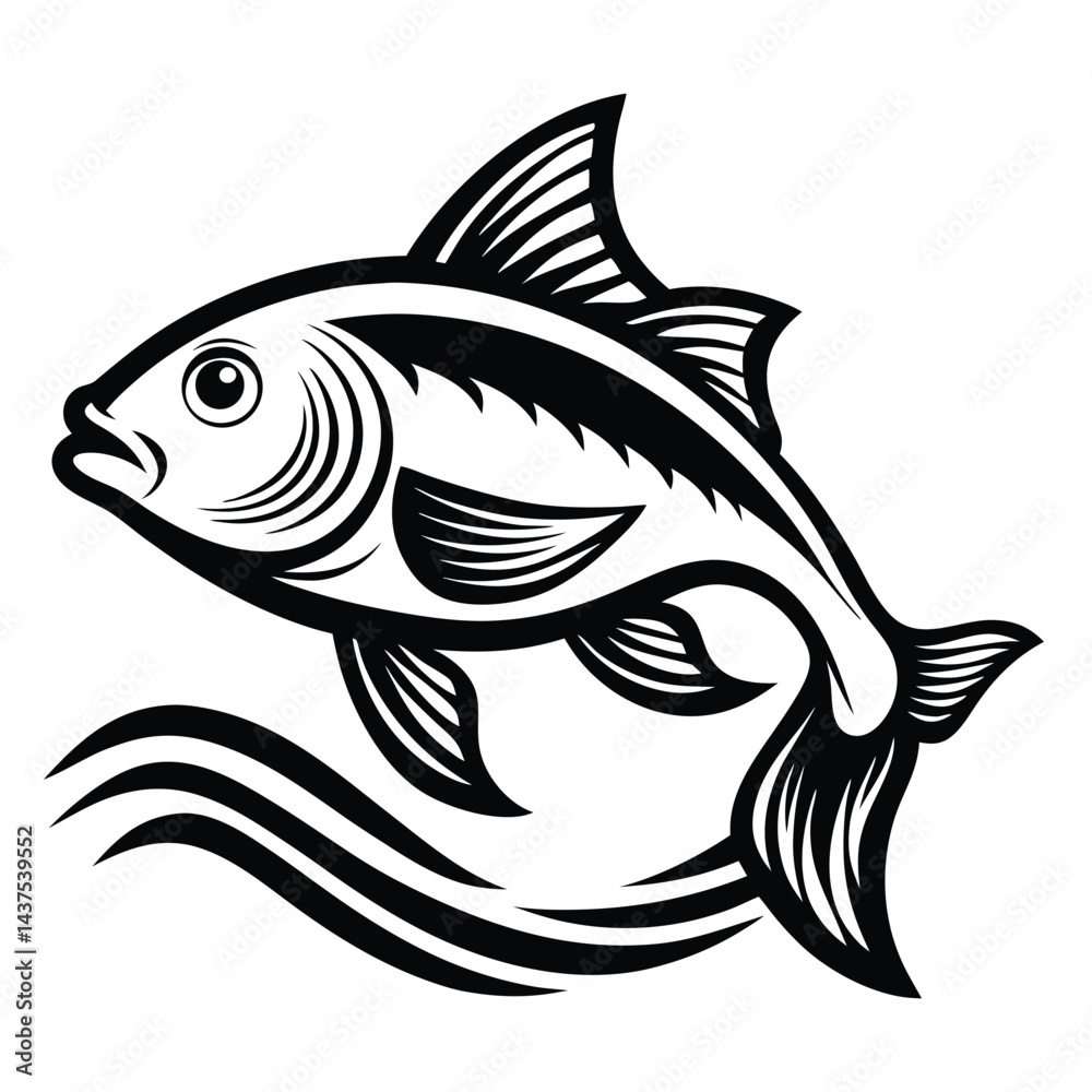 Black & White Fish with Waves, Simple Design, Aquatic Animal Silhouette Black & White Fish with Waves, Simple Design, Aquatic Animal Silhouette
