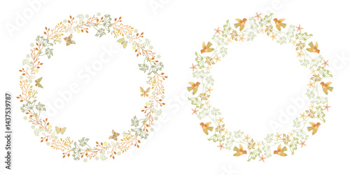 Flower wreaths in boho style decorated with butterflies and birds. Handmade in soft pastel colors. Perfect for decorating weddings, postcards and invitations.