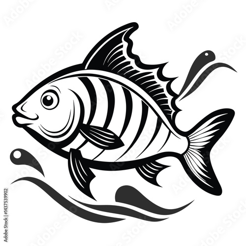 Fish Black and White, Stylized Aquatic Animal in Sea with Decorative Waves