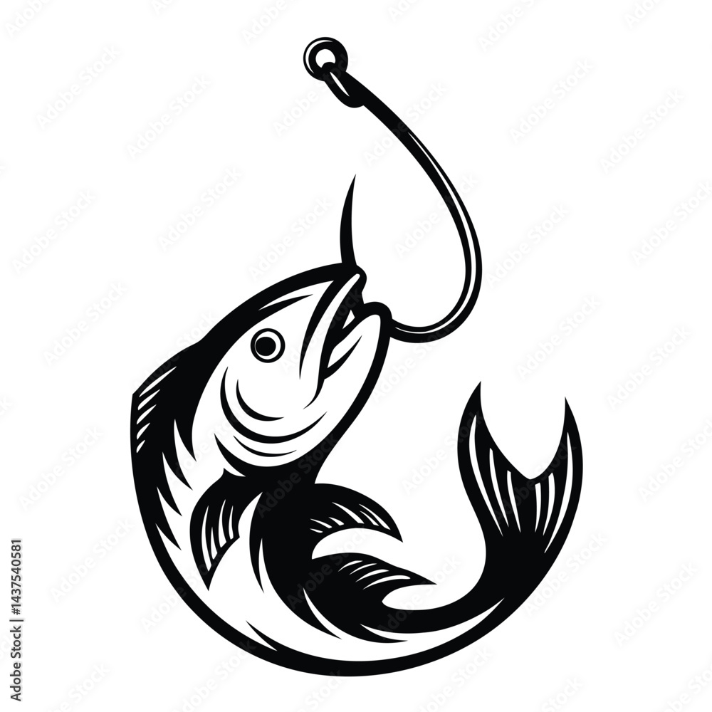 Monochrome Fish Caught by Hook with Sharp Point, Curved Tail, and Detailed Fin Outline Monochrome Fish Caught by Hook with Sharp Point, Curved Tail, and Detailed Fin Outline