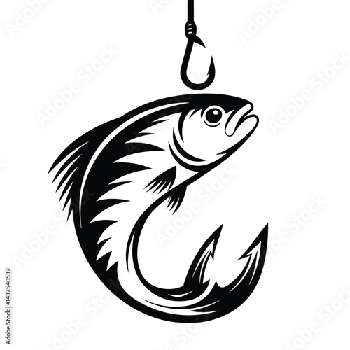 Black and White Silhouette of Fish on Hook, Fishing Concept, Isolated on White