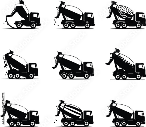 Cement Mixer Truck Silhouette Set | Construction Machine Vector Concrete Mixer Truck Outline | Heavy Equipment Silhouette Art