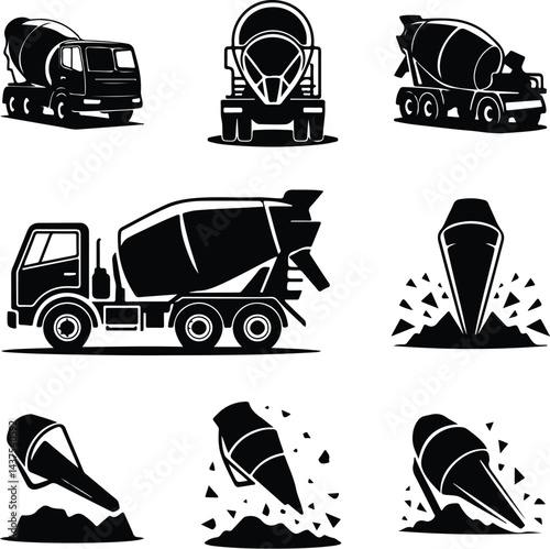 Cement Mixer Truck Silhouette Set | Construction Machine Vector Concrete Mixer Truck Outline | Heavy Equipment Silhouette Art