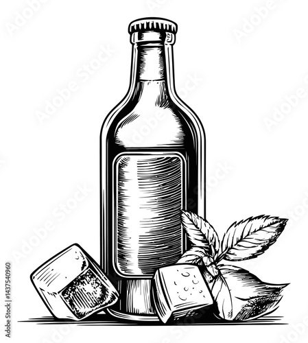 Vintage Engraving of Bottle with Ice Cubes and Mint Leaves Decoration