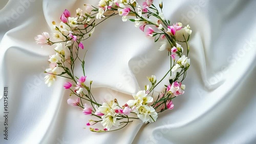 Delicate floral crown crafted from pink and white blooms on a soft white fabric backdrop evokes a serene and natural vibe Generative AI