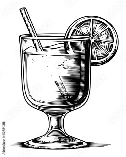 Classic Engraving of a Refreshing Cocktail Glass with Lemon Slice
