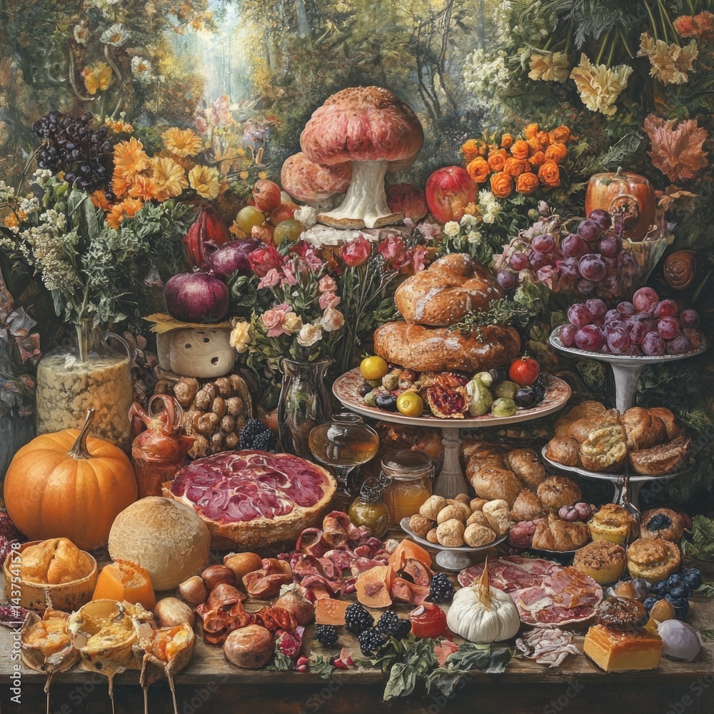 Still life with abundance of food and flowers Still life with abundance of food and flowers