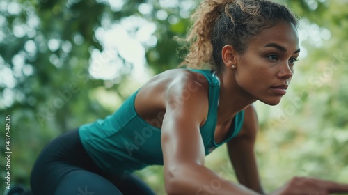A focused female athlete, sweating, bends over in a teal sports bra and black leggings outdoors amidst a blurred green natural background.